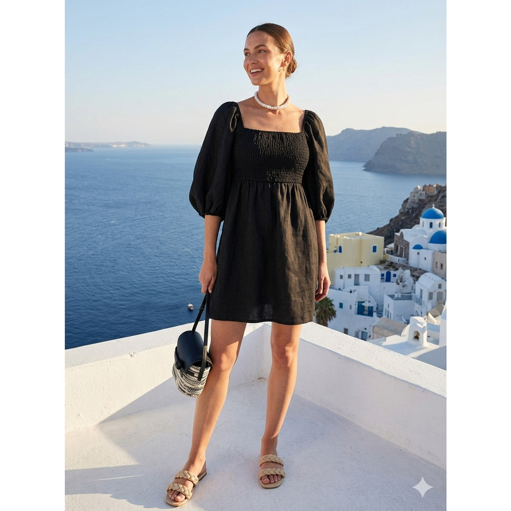 Tuckernuck NWOT Annie Smocked Mini Dress XS Black Linen Puff Sleeve Resort Wear - Picture 10 of 10
